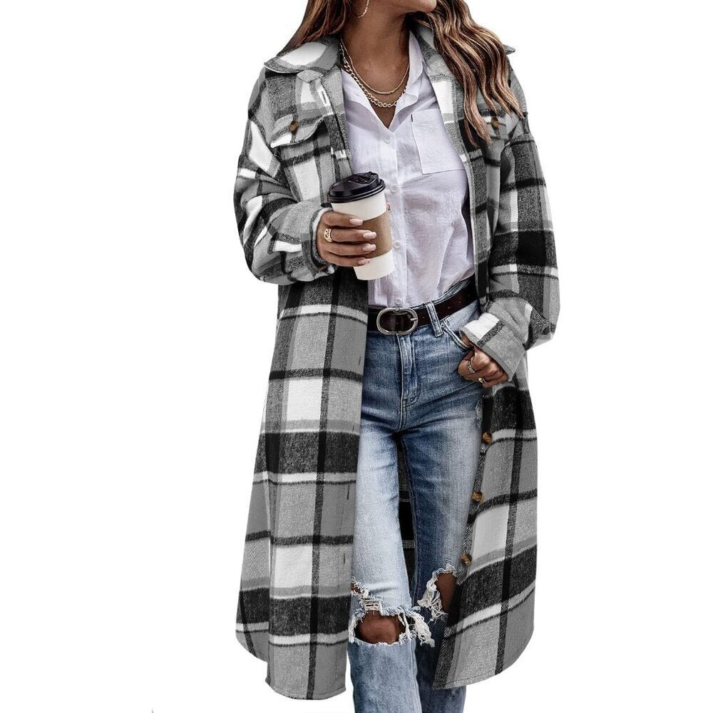 Women’s Plaid Flannel Shacket Jacket Long Corduroy Oversized Trench Coat